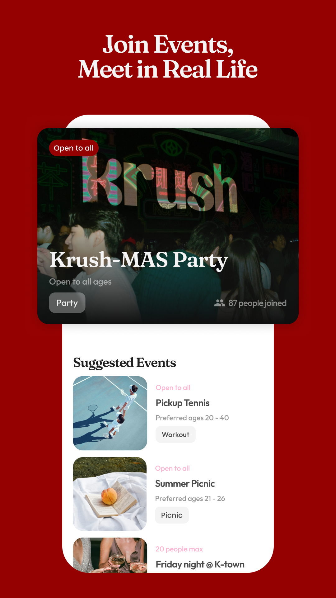 Krush events screen listing community meetups like a Krush-MAS party, pickup tennis and a summer picnic